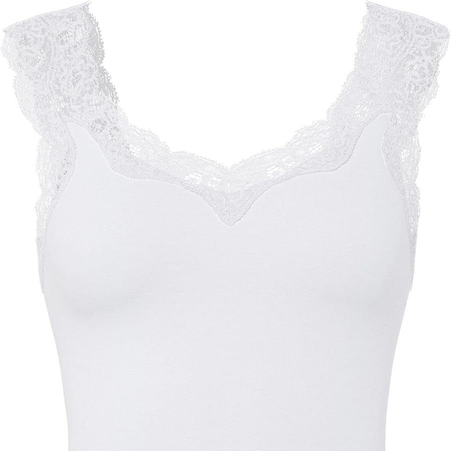 Basic Women's V-Neck Lace Top Soft Viscose Blend Bright White